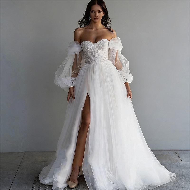 BHstyle Off-Shoulder Ball-Gowner Prinzessin mit Herz-Ausschnitt Beinschlitz – Elfenhaftes A-Linien Kleid mit Puffärmeln 2-26W