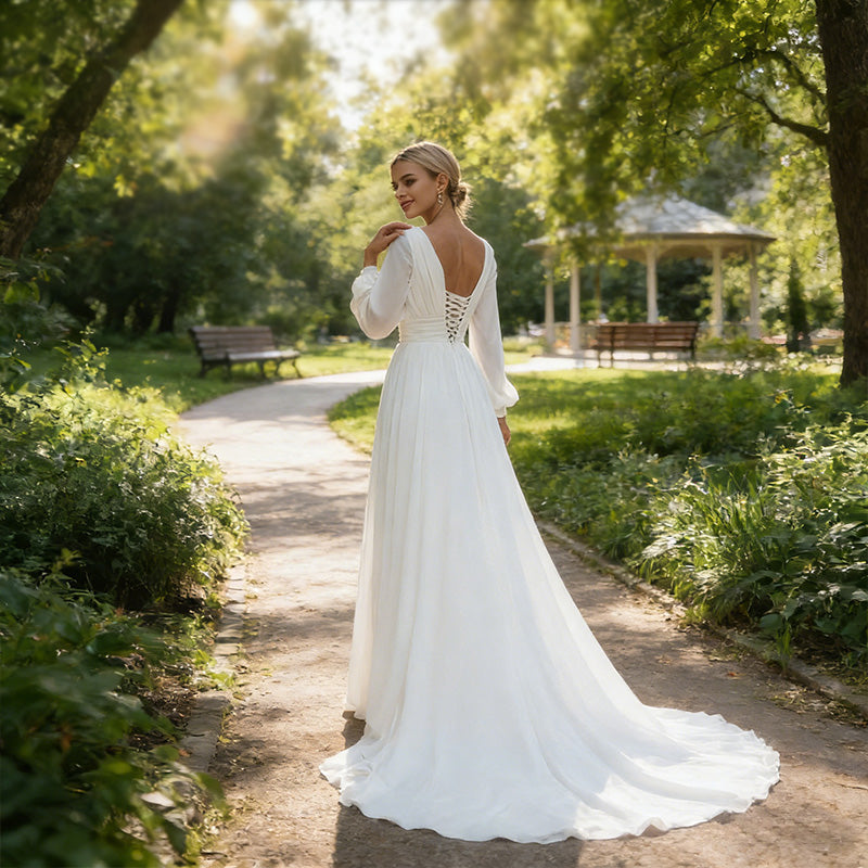 BHstyle Prachtvolles A-Linien Ball-Gown Laternenärmeln – Ballkleid mit tiefem V-Ausschnitt und Schleppe 2-26W