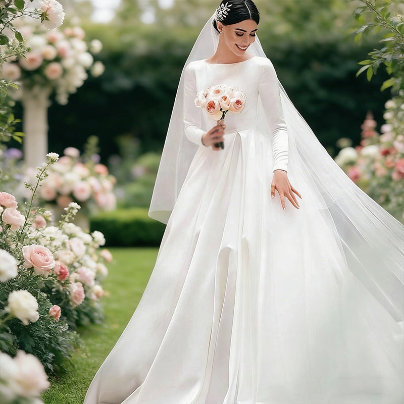 BHstyle Satin-Ball-Gowner Prinzessin mit und U-Boot-Ausschnitt A-Linien Ballkleid mit Opulenter Schleppe Elfenbein 2-26W