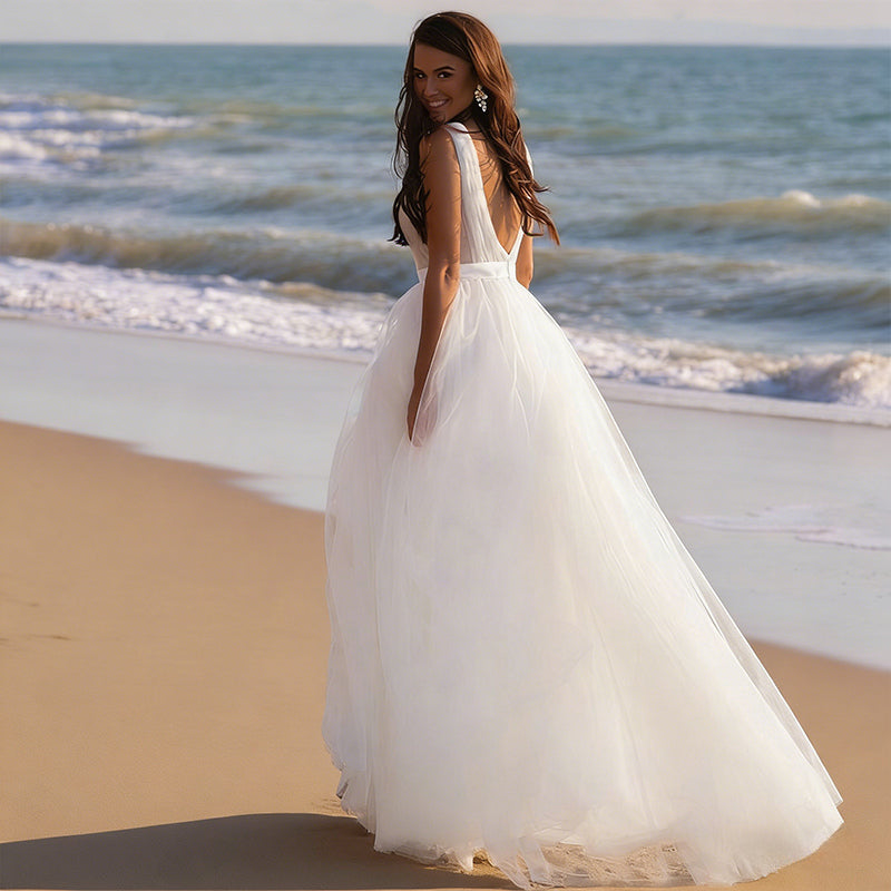 BHstyle Strand-Ball-Gown mit V-Ausschnitt und Plissee-Details A-Linie Elegantes Ballkleid aus Tüll Elfenbein S-2XL