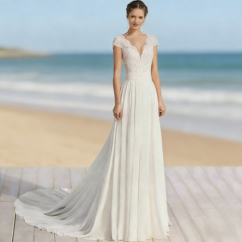 BHstyle Vintage Boho Ball-Gown aus Spitze A Linie mit V Ausschnitt und Kappenärmel Schlichtes Ballkleid Elfenbein 2-26W