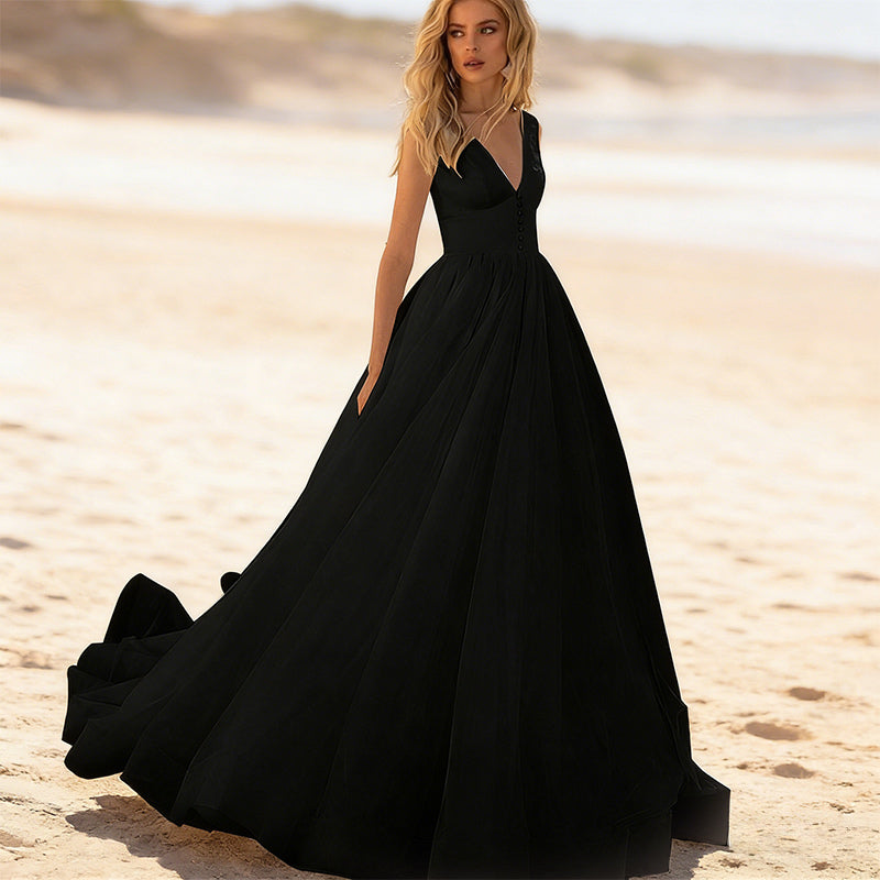 BHstyle Zeitloses A-Linien Ball-Gown in Weiß – Ballkleid mit V-Ausschnitt  Knopfleiste und voluminösem Tüllrock 34-46