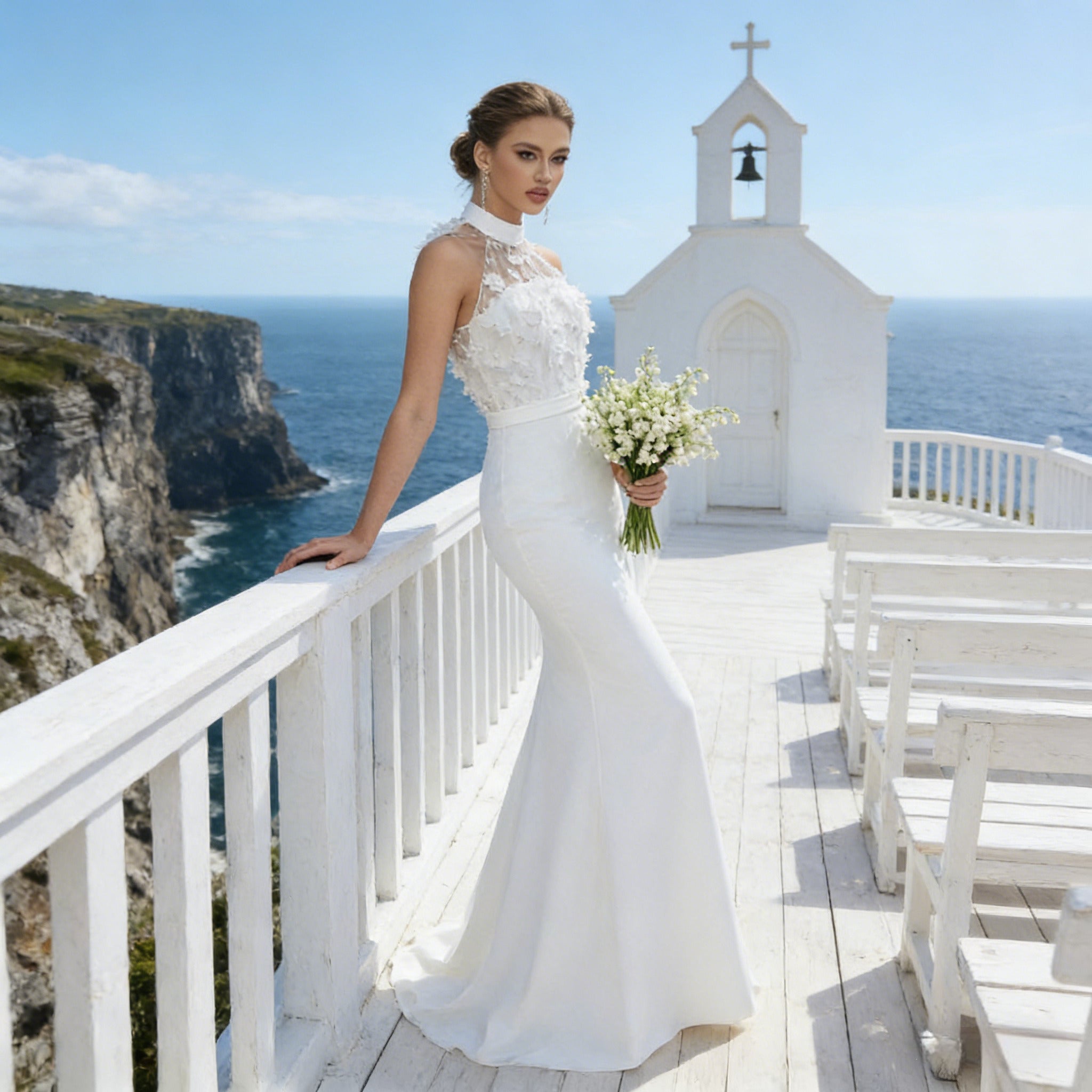 BHstyle Ball-Gown Weiß Meerjungfrau 3D-Blüten Edel Halterneck Anlassmode Sexy Modern Elegant Hochzeit