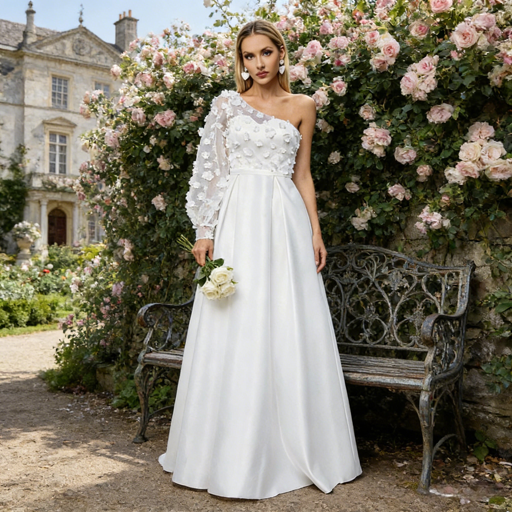 BHstyle Ball-Gown Weiß A-Linie 3D-Blüten Edel Hochgeschlossen Anlassmode Elegant Modern Romantisch