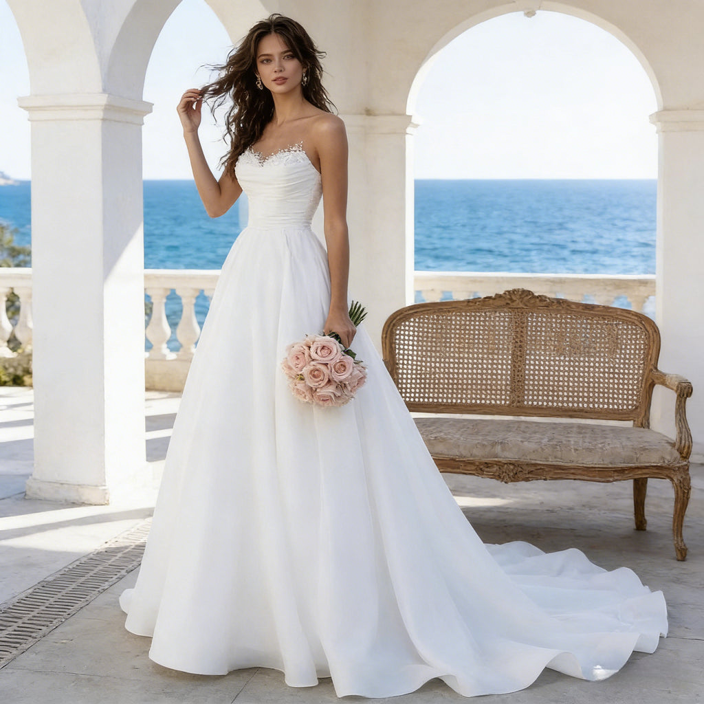 BHstyle Elegantes A Linie Ball-Gown Trägerlos mit Perlen Bestickung Tüll Anlassmode Ballkleid