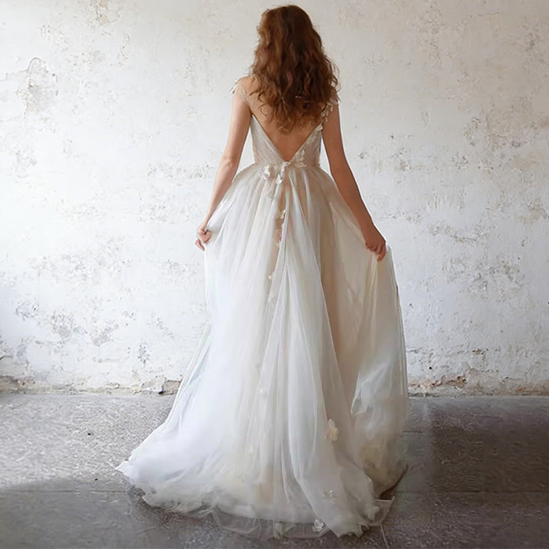 BHstyle A-Linie Ball-Gown in Elfenbein mit Schmetterlingen Boho-Ballkleid aus Tüll mit Illusions-Ausschnitt 2-26w