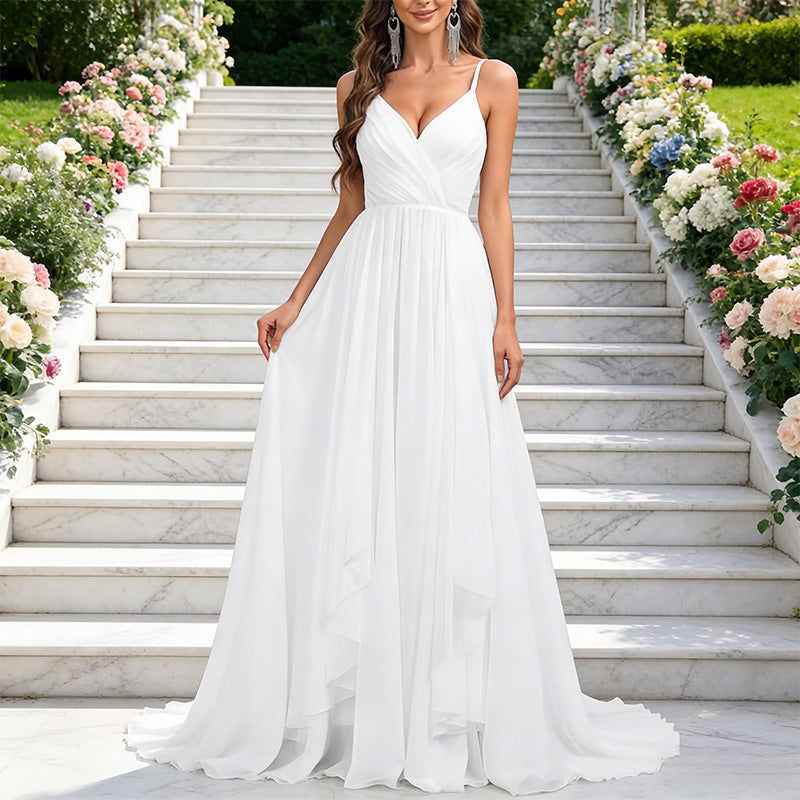BHstyle A-Linie Ball-Gown in Weiß mit V-Ausschnitt Ballkleid aus Chiffon mit kaskadierendem Stufenrock 2-26W