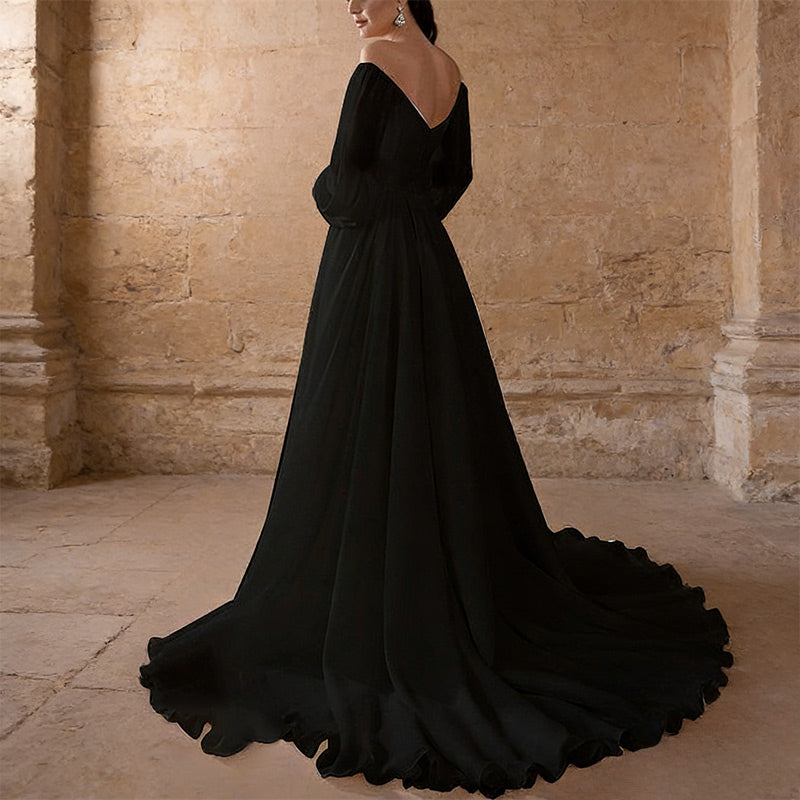BHstyle A-Linie Ball-Gown Weiß – Schulterfreies Ballkleid mit Laternenärmeln und Chiffon-Rock 34-46