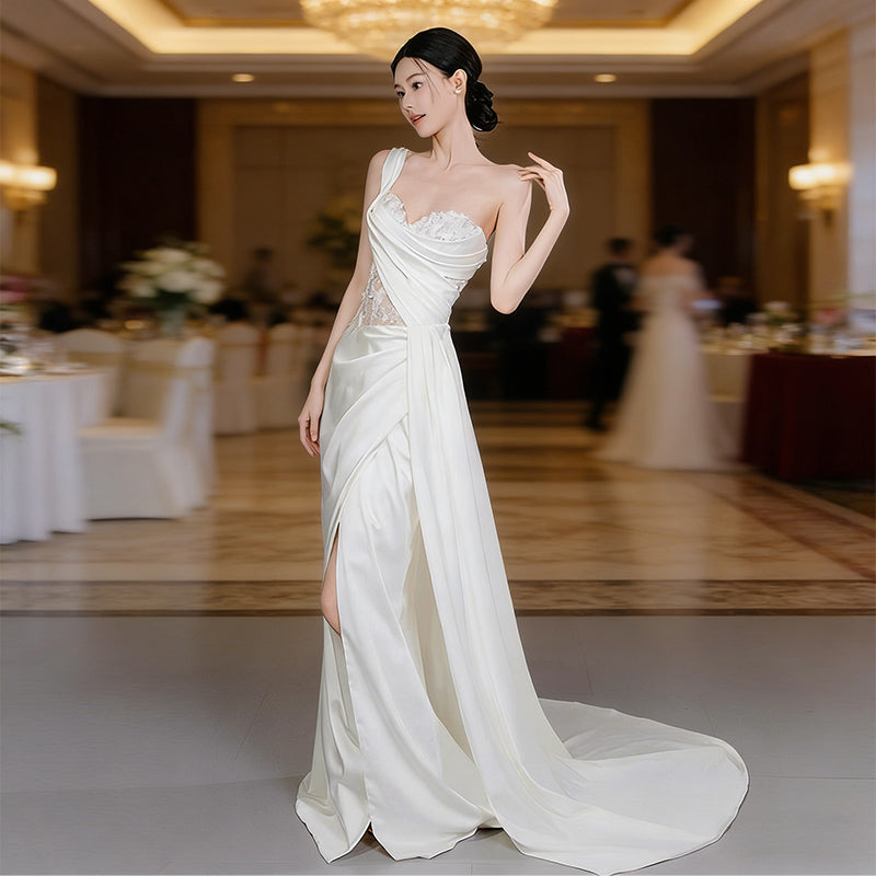 BHstyle Asymmetrisches Satin Ball-Gown mit One Shoulder Design und Transparentem Spitzen Korsett Beinschlitz XS-3XL