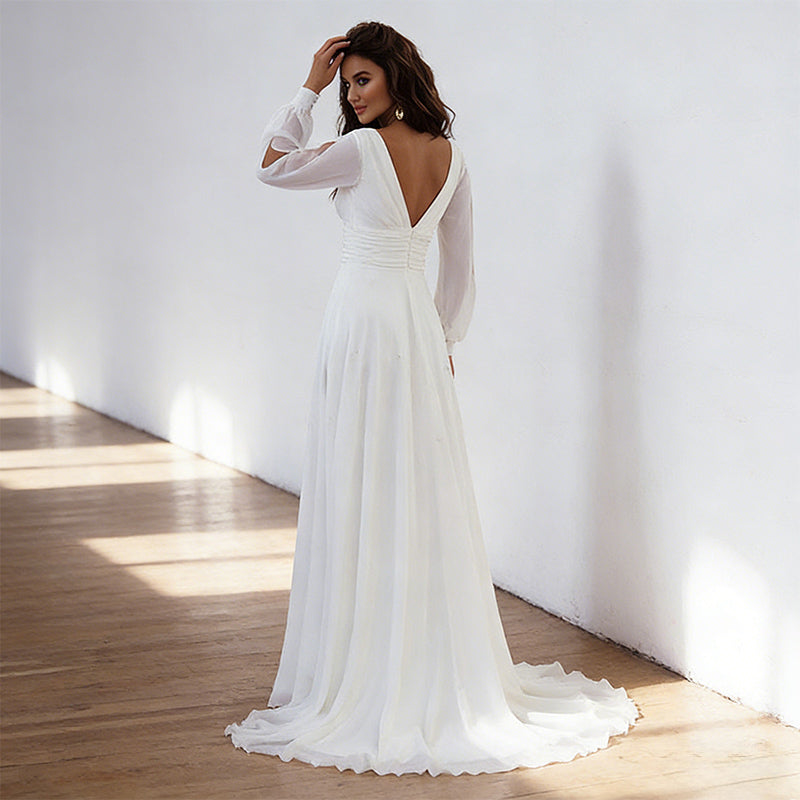 BHstyle Ball-Gown mit Bischofärmeln – A-Linien Ballkleid mit V-Ausschnitt für Wald Gartenhochzeiten 32-42