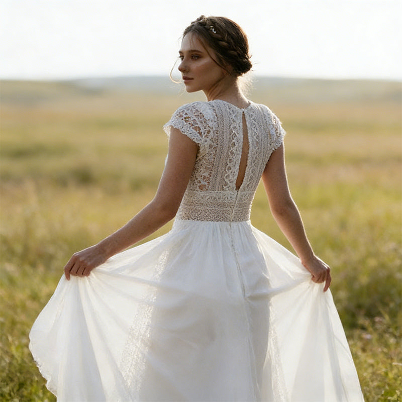 BHstyle Boho Ball-Gown mit Spitzenoberteil und Flügelärmeln Romantisches A-Linie Ballkleid 2-26W