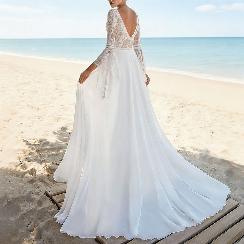 BHstyle Boho Ball-Gown mit Trompetenärmeln und V-Ausschnitt – Ballkleid aus Spitze für Strand Garten 2-16W