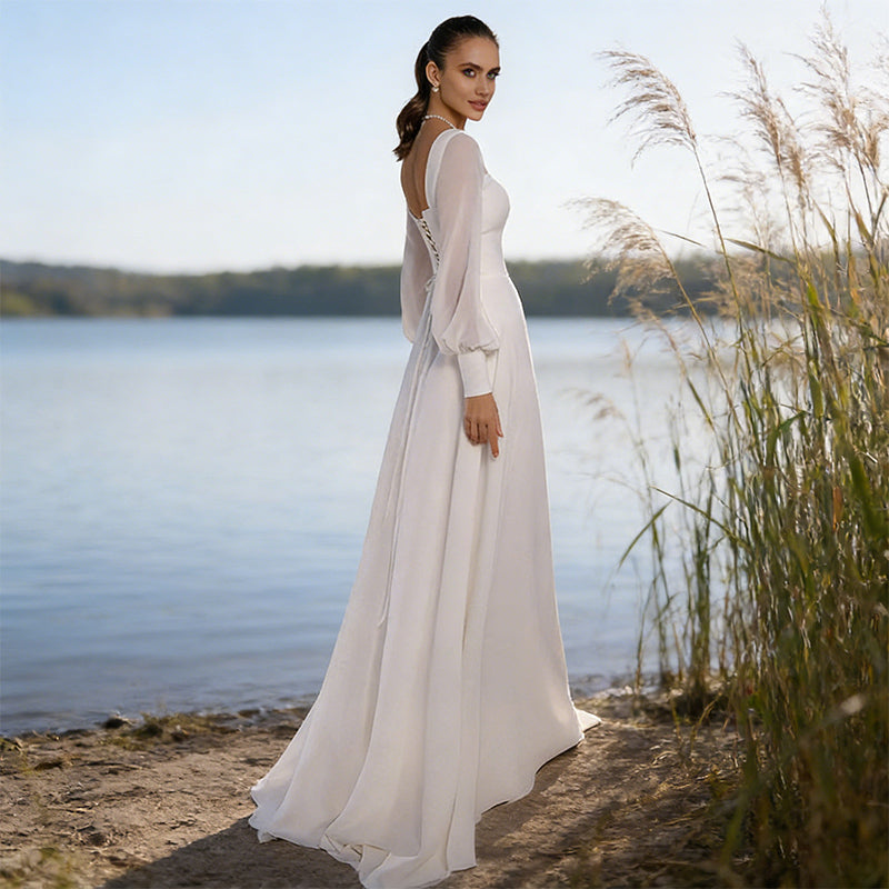 BHstyle Ball-Gown A Linie Weiß Langarm Quadratischer Ausschnitt Ballkleid Chiffon Bodenlang Modern Boho 32-56