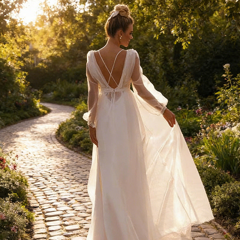 BHstyle Ball-Gown in A-Linie mit Illusions-Ausschnitt – Bodenlanges Ballkleid mit Tüllärmeln und Fall 32-42