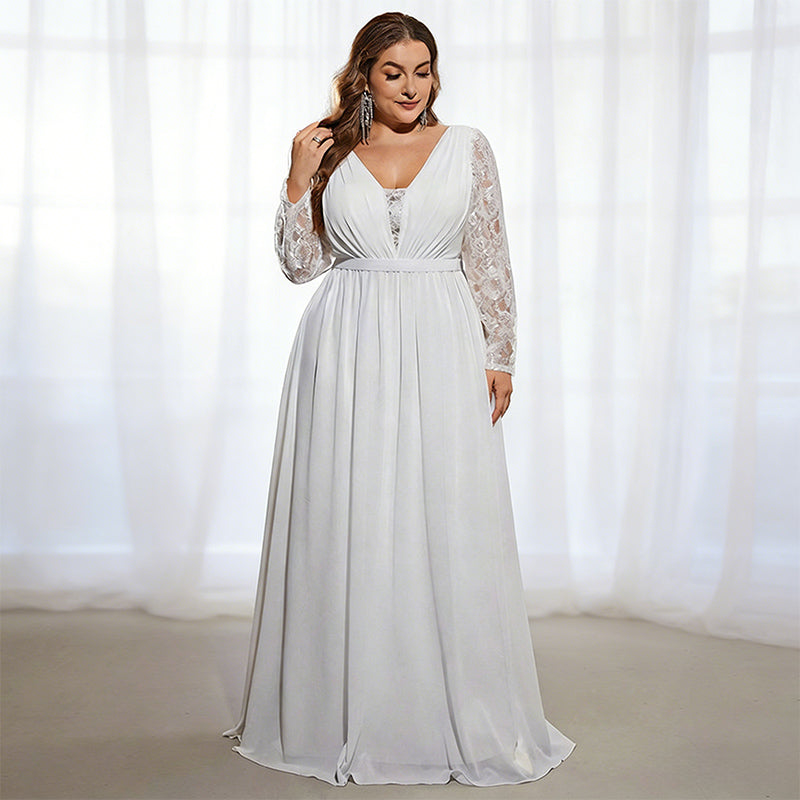 BHstyle Ball-Gown in Übergröße mit V-Ausschnitt und Spitzenärmeln – A-Linien Ballkleid mit Raffungen L-4XL