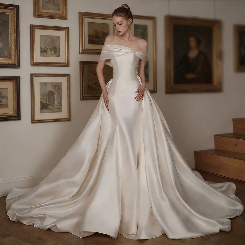 BHstyle A-Linie Edles Satin Ball-Gowner Prinzessin im mit Schleppe und elegantem Off-Shoulder-Ausschnitt Elfenbein 2-26W
