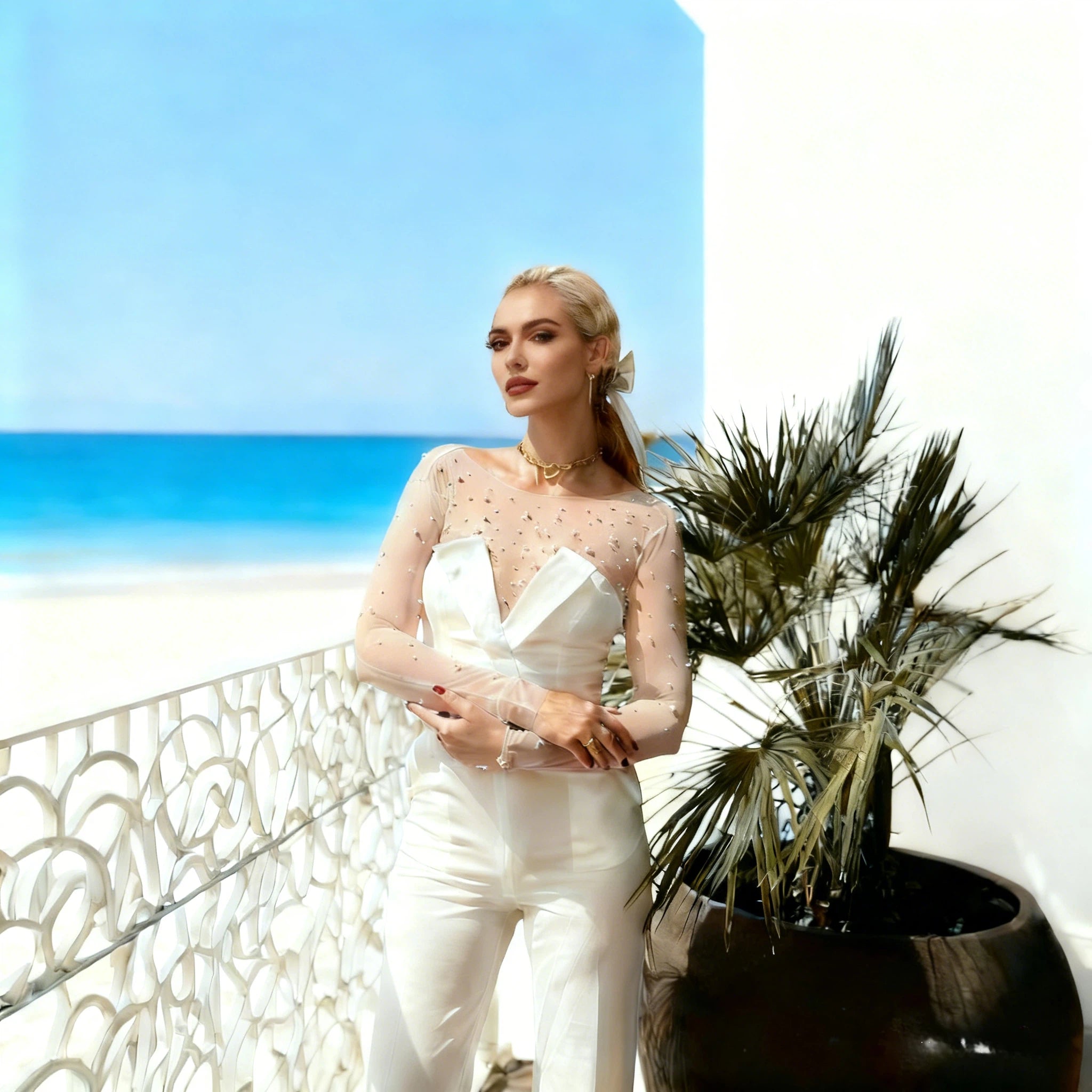 BHstyle Eleganter Braut Jumpsuit Bodenlang mit V-Ausschnitt und Langarm Hochzeits Hosenanzug 32-38