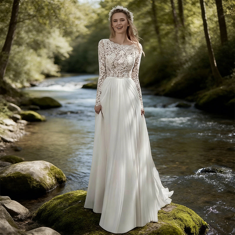 BHstyle Elegantes Boho Ball-Gown Langarm Spitze Chiffon Weiss 34-46