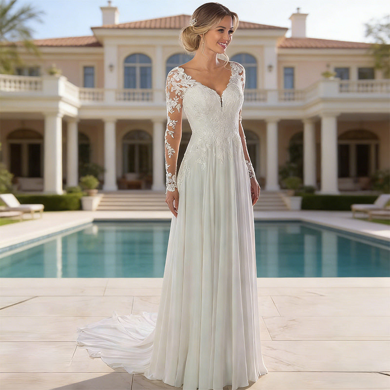 BHstyle Elegantes Ball-Gown aus Spitze A Linie mit V Ausschnitt Langarm Bodenlang Hochzeit 32-56
