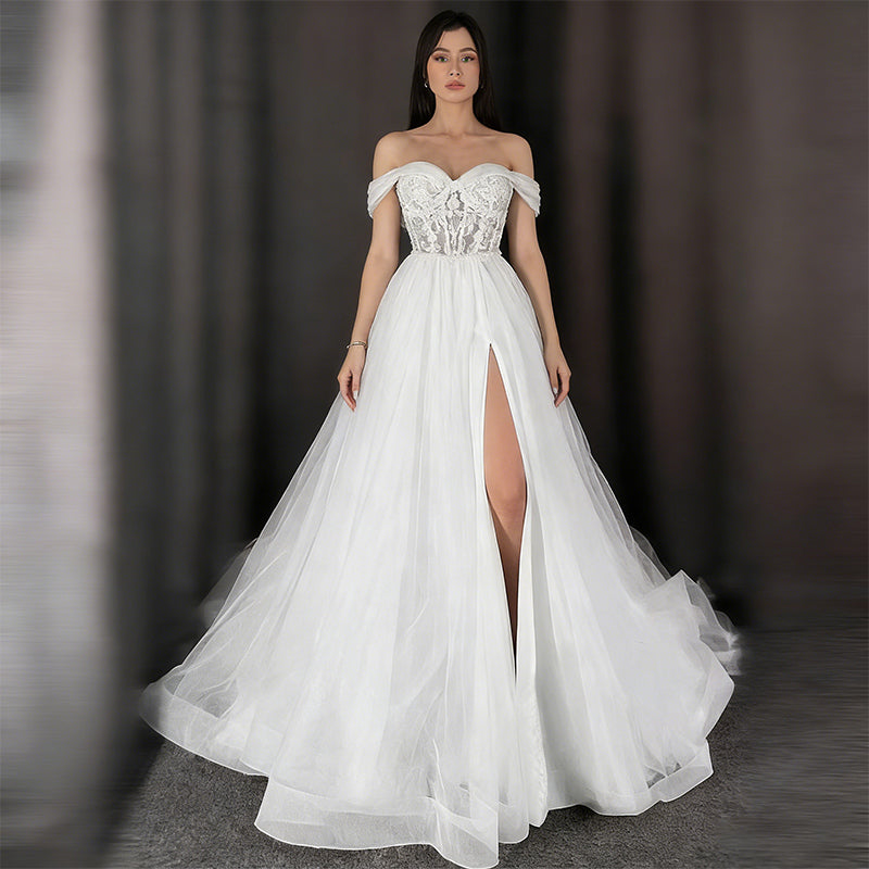 BHstyle A-Linie Ball-Gowner Prinzessin mit One-Shoulder-Korsage und Skulpturalem Volant-Rock Edel Satin Elfenbein 2-26W