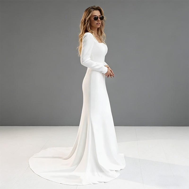 BHstyle Minimalistisches BHstyleMeerjungfrau-Ball-Gown mit quadratischem Ausschnitt und langen Ärmeln – aus schwerem Satin 36-44