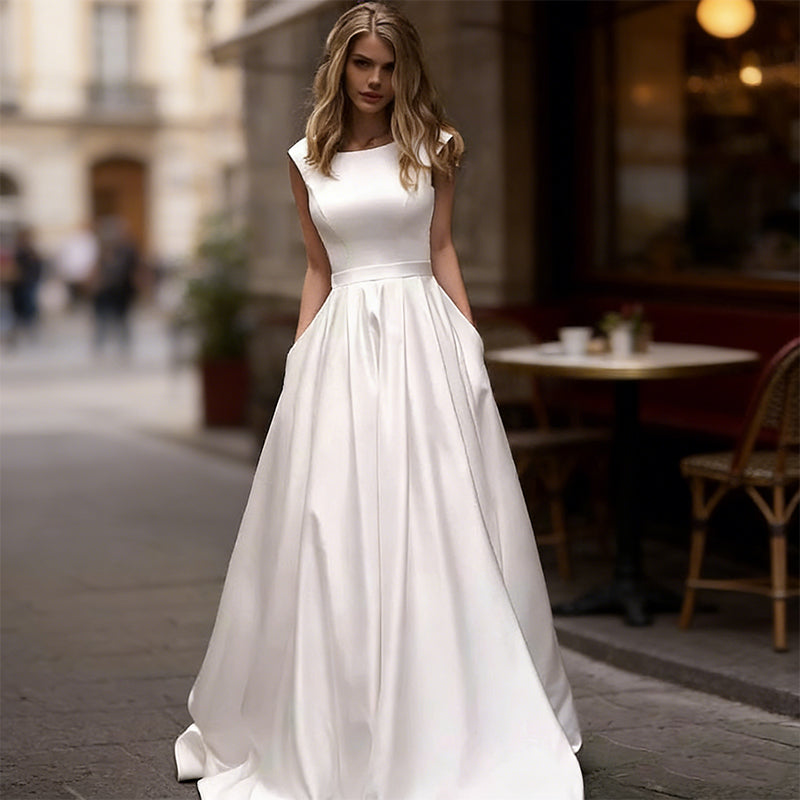 BHstyle Minimalistisches Ball-Gowner Prinzessin Satin mit Rundhals Ausschnitt und Praktischen Taschen 36-44