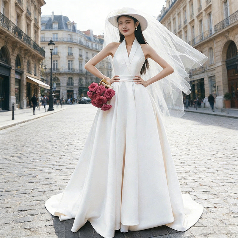 BHstyle Modernes A-Linie Ball-Gown Größe mit Halterneck- Ballkleid aus edlem Satin im Vintage-Stil 32-44