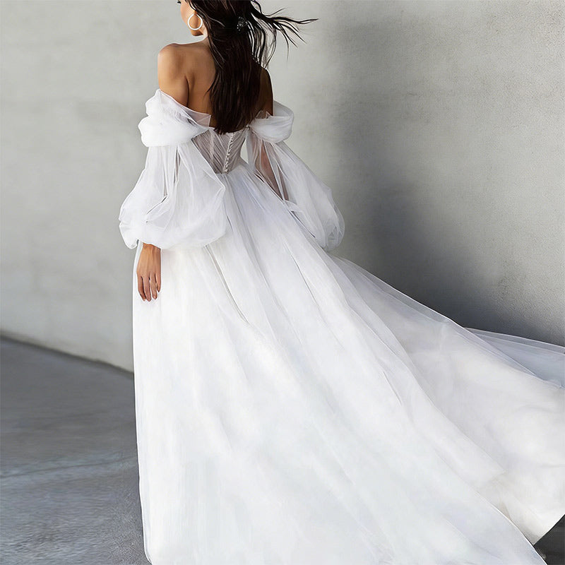 BHstyle Off-Shoulder Ball-Gowner Prinzessin mit Herz-Ausschnitt Beinschlitz – Elfenhaftes A-Linien Kleid mit Puffärmeln 2-26W