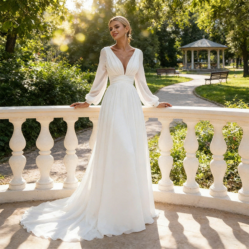 BHstyle Prachtvolles A-Linien Ball-Gown Laternenärmeln – Ballkleid mit tiefem V-Ausschnitt und Schleppe 2-26W