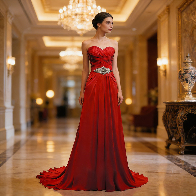 BHstyle Romantisches Ball-Gown in A-Linie mit Herz-Ausschnitt und Kristall-Gürtel Elegantes Chiffon Ballkleid Elfenbein 2-26W