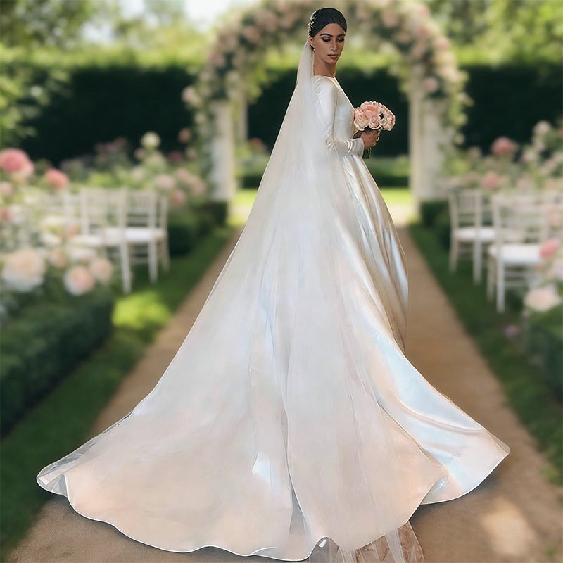 BHstyle Satin-Ball-Gowner Prinzessin mit und U-Boot-Ausschnitt A-Linien Ballkleid mit Opulenter Schleppe Elfenbein 2-26W