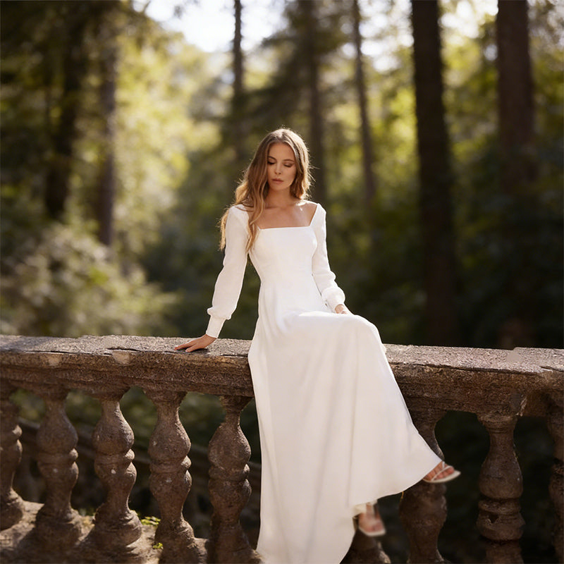 BHstyle Schlichtes Ball-Gown Weiß A Linie Langarm Quadratischer Ausschnitt Ballkleid Chiffon Bodenlang Modern Elegant