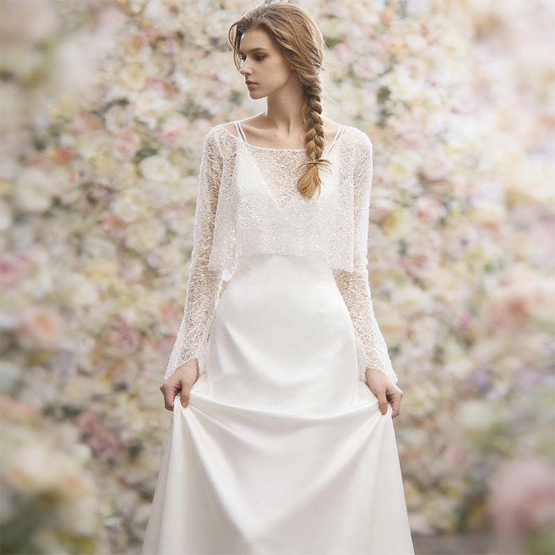 BHstyle Zweiteiliges Boho Ball-Gown mit Glitzer-Caplet und Seidigem Satin Kleid Elegantes A-Linie Ballkleid Elfenbein 32-44