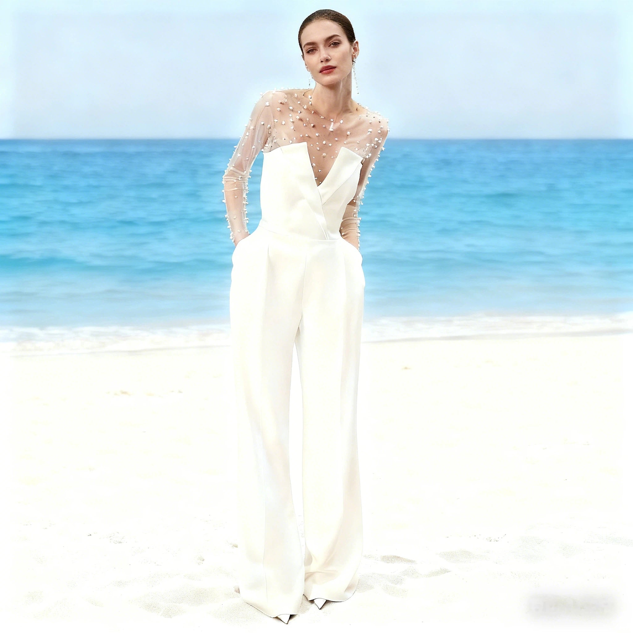 BHstyle Eleganter Braut Jumpsuit Bodenlang mit V-Ausschnitt und Langarm Hochzeits Hosenanzug 32-38