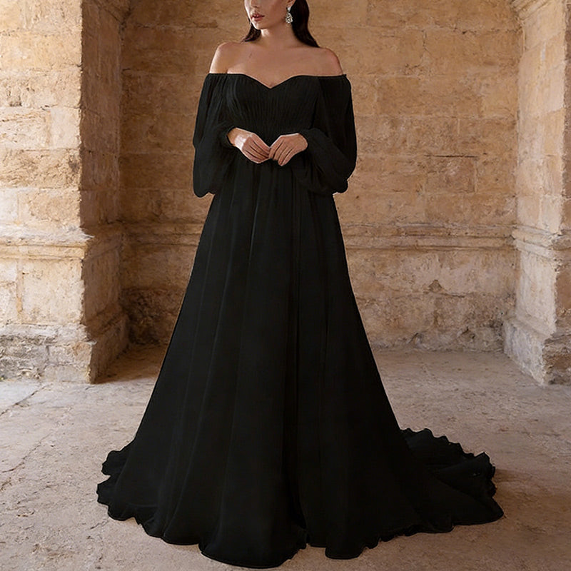 BHstyle A-Linie Ball-Gown Weiß – Schulterfreies Ballkleid mit Laternenärmeln und Chiffon-Rock 34-46