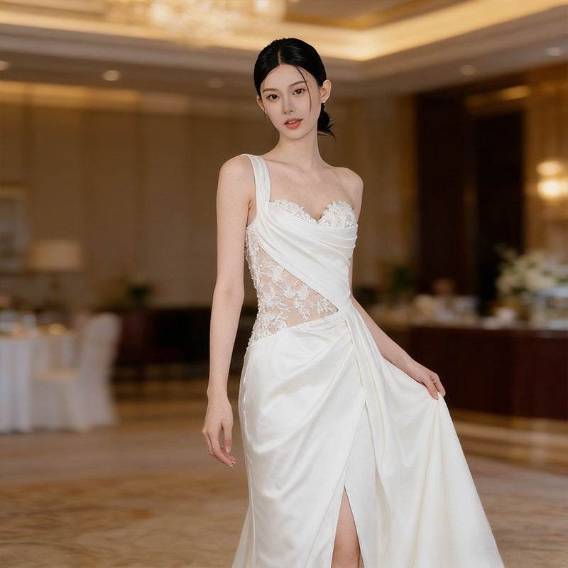 BHstyle Asymmetrisches Satin Ball-Gown mit One Shoulder Design und Transparentem Spitzen Korsett Beinschlitz XS-3XL