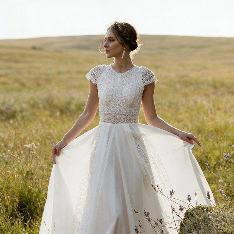 BHstyle Boho Ball-Gown mit Spitzenoberteil und Flügelärmeln Romantisches A-Linie Ballkleid 2-26W