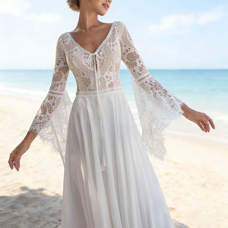 BHstyle Boho Ball-Gown mit Trompetenärmeln und V-Ausschnitt – Ballkleid aus Spitze für Strand Garten 2-16W