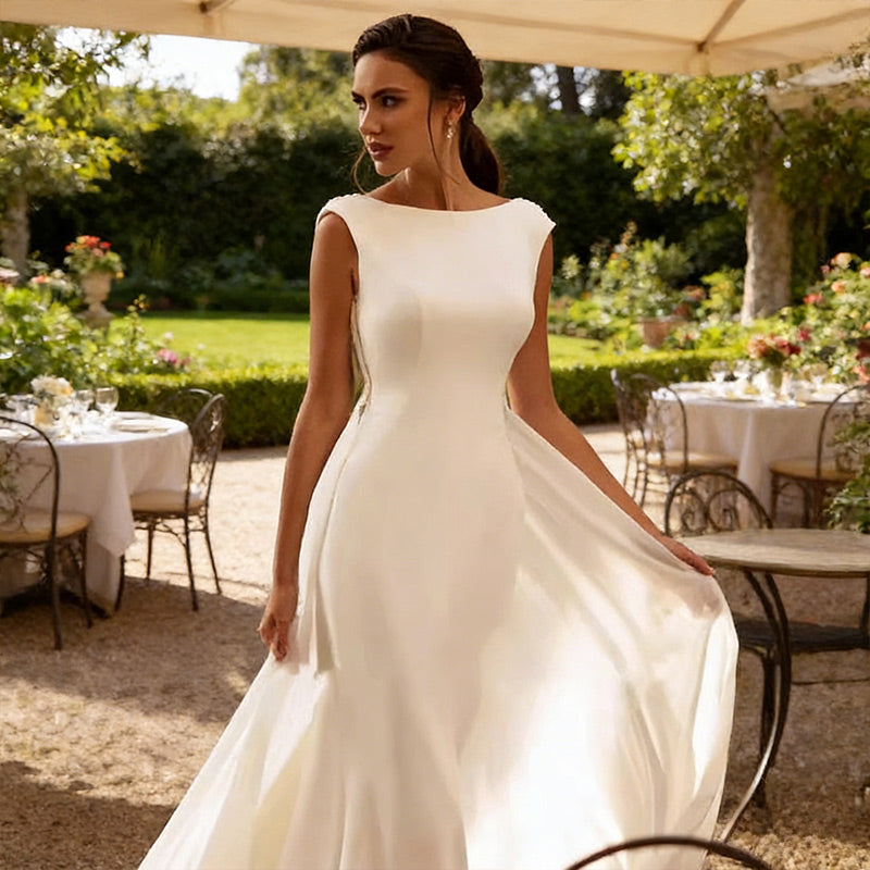 BHstyle Ball-Gown im Meerjungfrau-Stil mit abnehmbarer Schleppe – Minimalistisches A-Linie Ballkleid mit U-Boot 2-26W