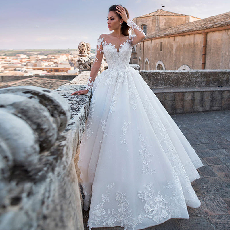 BHstyle Ball-Gowner Prinzessin mit V-Ausschnitt Lange Ärmel Tüll Großer Schleppe Retro Ballkleid 2-16