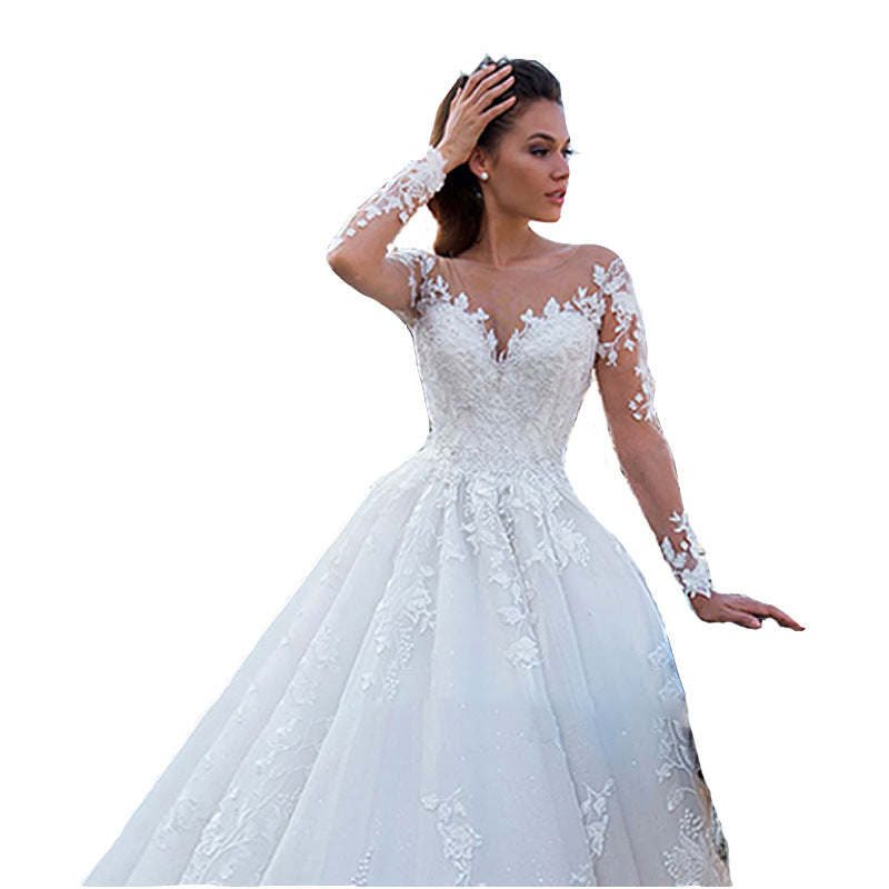 BHstyle Ball-Gowner Prinzessin mit V-Ausschnitt Lange Ärmel Tüll Großer Schleppe Retro Ballkleid 2-16