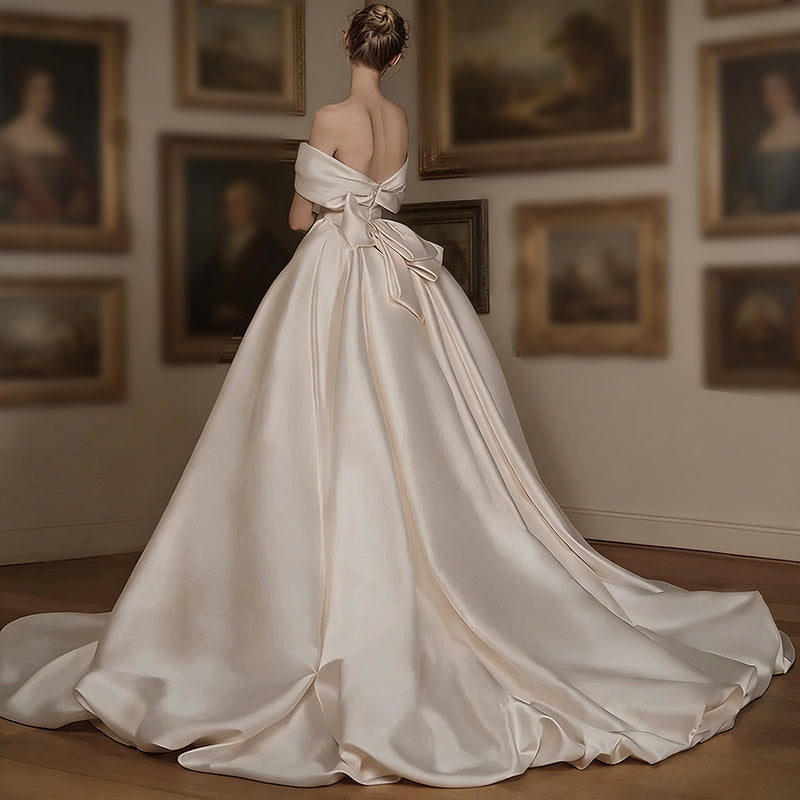BHstyle A-Linie Edles Satin Ball-Gowner Prinzessin im mit Schleppe und elegantem Off-Shoulder-Ausschnitt Elfenbein 2-26W