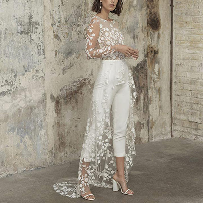 BHstyle Eleganter Weißer Spitzen Braut Jumpsuit Langarm Rundhals Mit Schleppe Moderner Hochzeits Hosenanzug S-2XL