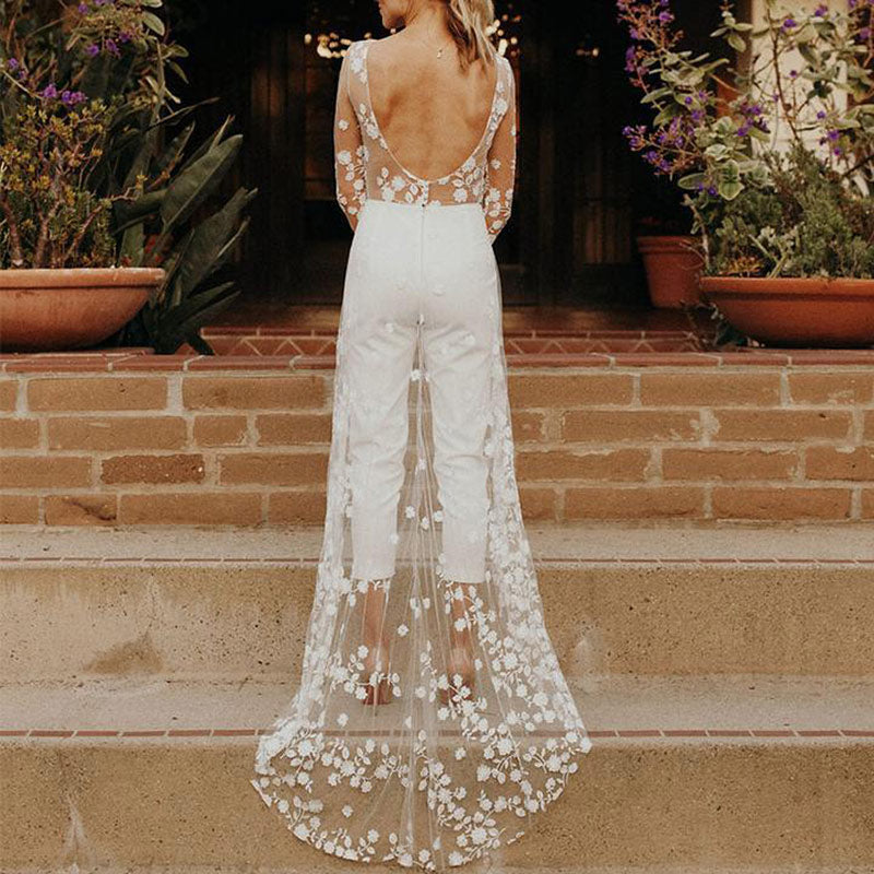 BHstyle Eleganter Weißer Spitzen Braut Jumpsuit Langarm Rundhals Mit Schleppe Moderner Hochzeits Hosenanzug S-2XL