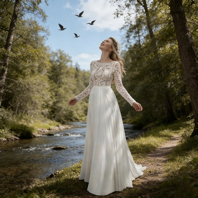 BHstyle Elegantes Boho Ball-Gown Langarm Spitze Chiffon Weiss 34-46