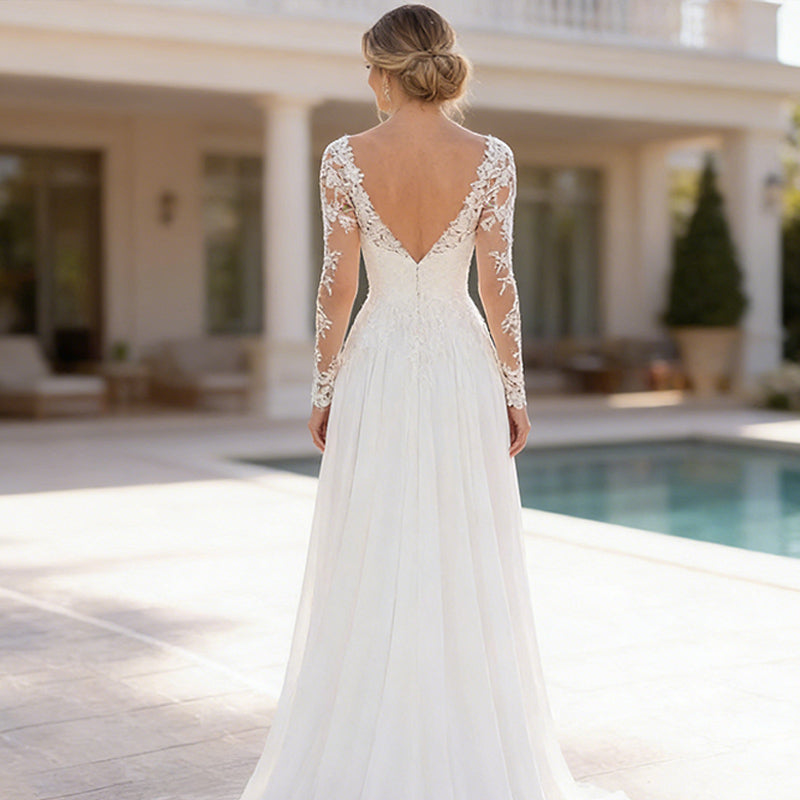 BHstyle Elegantes Ball-Gown aus Spitze A Linie mit V Ausschnitt Langarm Bodenlang Hochzeit 32-56