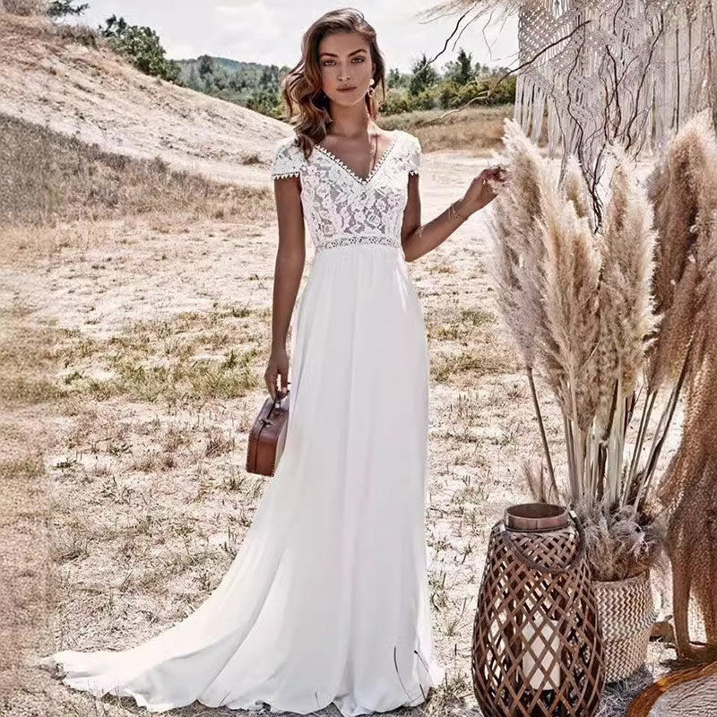 BHstyle Elegantes Ball-Gown im Hippie-Stil – Elfenbein V-Ausschnitt A-Linie Chiffon Kurzarm Vintage Hochzeit Kleid