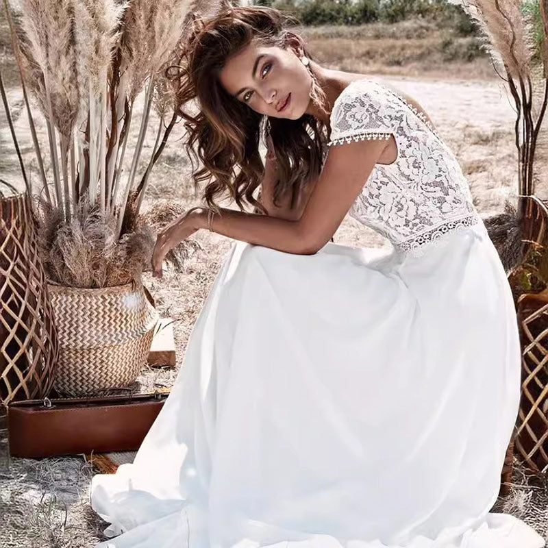 BHstyle Elegantes Ball-Gown im Hippie-Stil – Elfenbein V-Ausschnitt A-Linie Chiffon Kurzarm Vintage Hochzeit Kleid