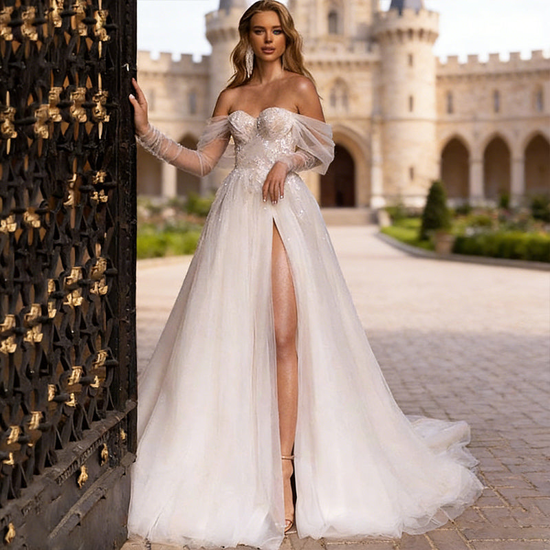 BHstyle Off-Shoulder Ball-Gowner Prinzessin mit Pailletten und Beinschlitz Tüll Ballkleid A-Linie Elfenbein 2-26W