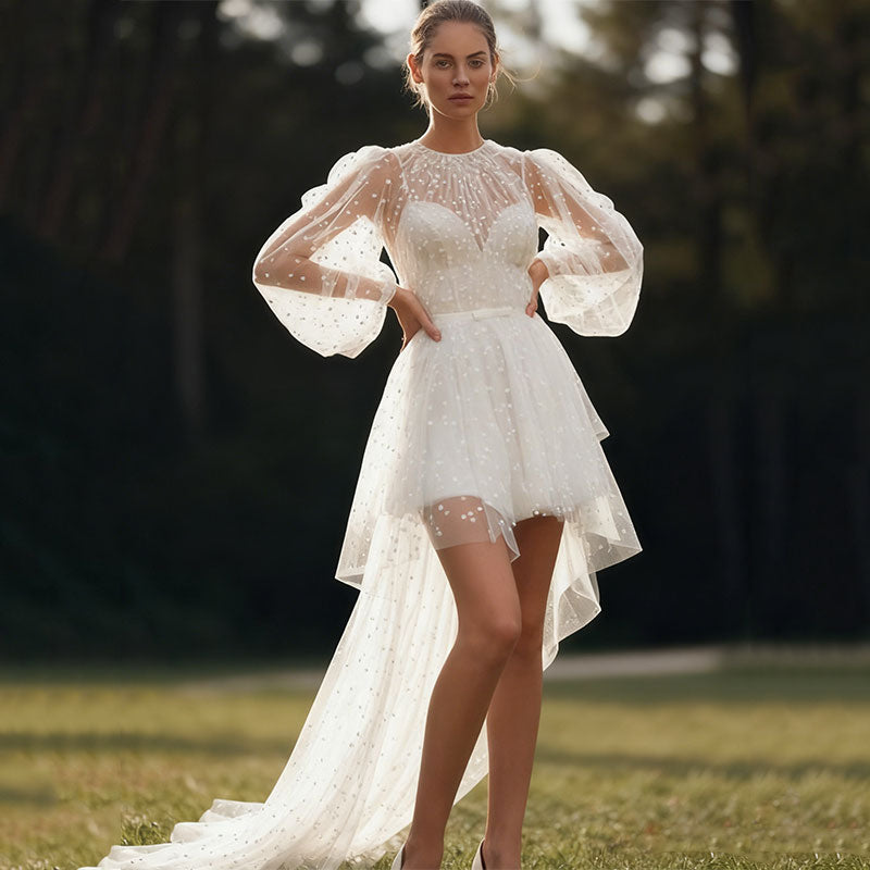 BHstyle Kurzes Ball-Gown Weiß mit Polka Dots Tüll Langarm Rundhals Niedliches Ballkleid 2-16